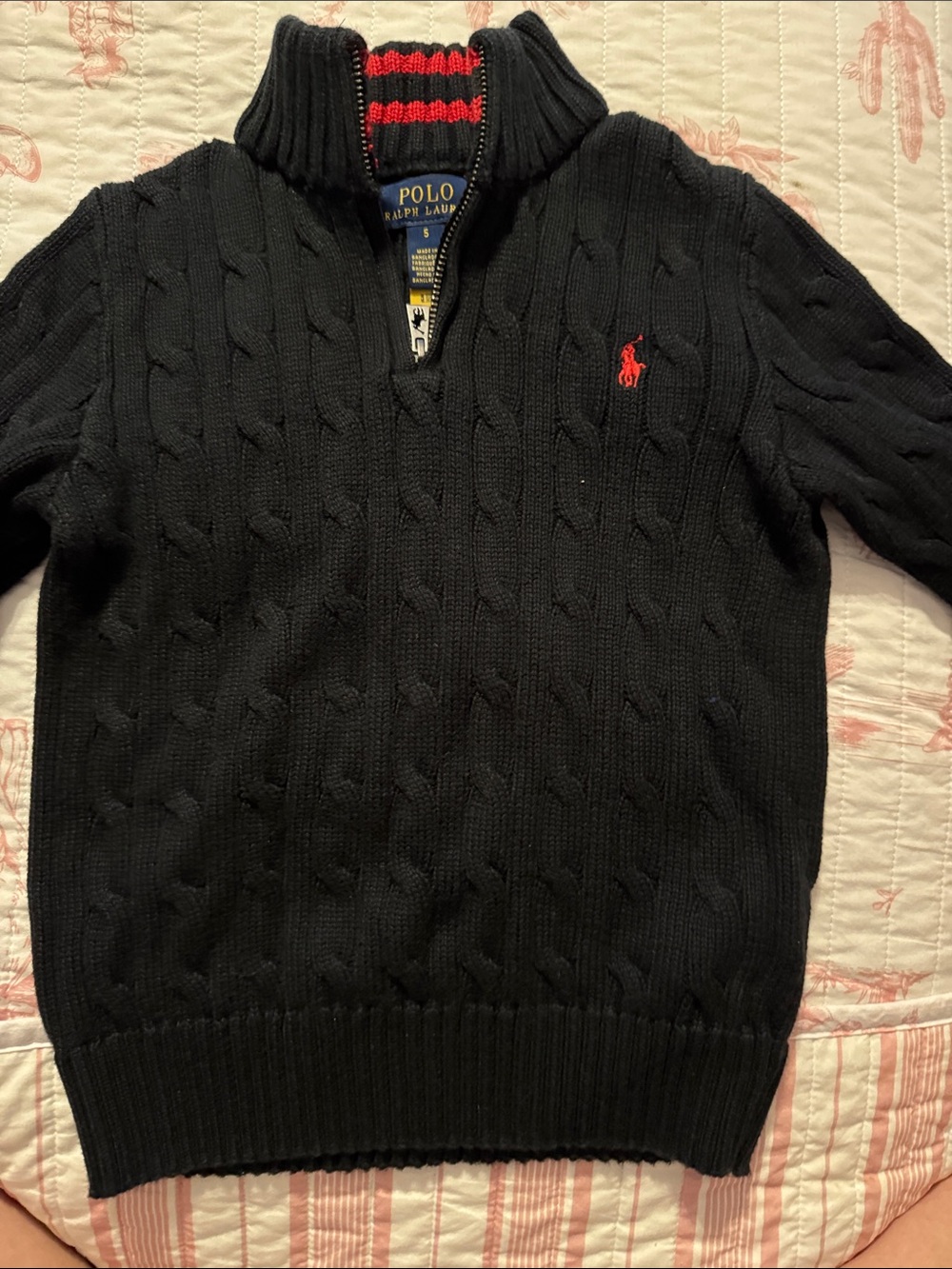 Polo by Ralph Lauren Black Cable-Knit Half-Zip Sweater with Red Pony